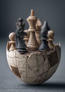 Chess Pieces in Cracked Globe