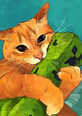 Cat Hugging Minecraft Creeper