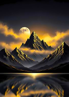 Golden Mountains and Moonlit Lake