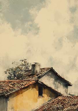 Italian rooftops under cloudy sky painting