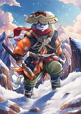 Samurai Cat in Snowy Mountains
