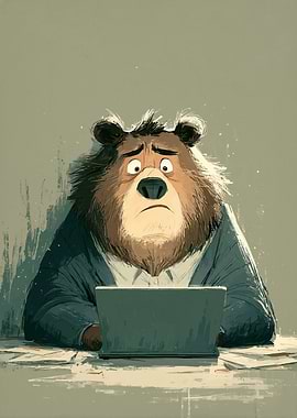 Sad Bear Working on Laptop