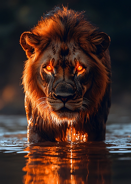 Lion in Water with Glowing Eyes