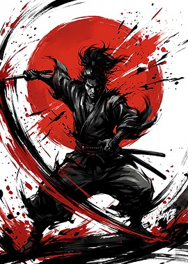 Samurai Warrior with Sword and Red Sun