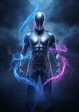 Futuristic Metallic Figure with Energy Streams