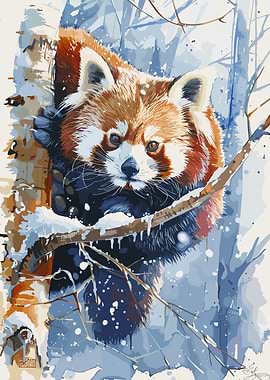 Red Panda in Winter Watercolor