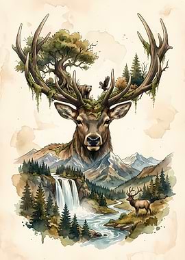 Watercolor Deer with Nature Elements