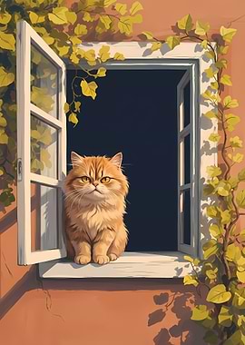 Ginger Cat in Window with Vines