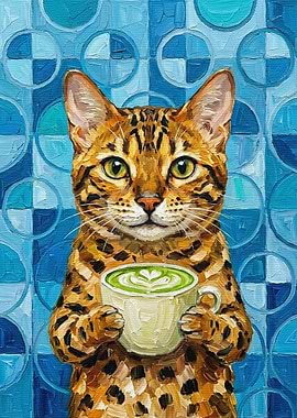 Cat with Matcha Latte Painting