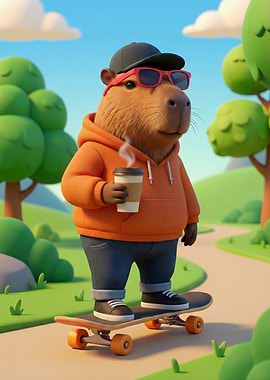 Capybara on Skateboard with Coffee