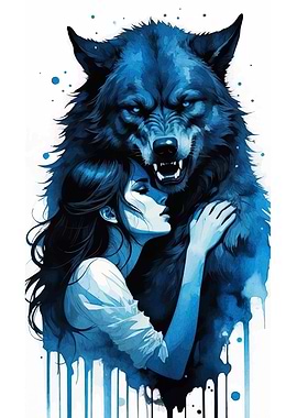Woman and Wolf in Blue Tones