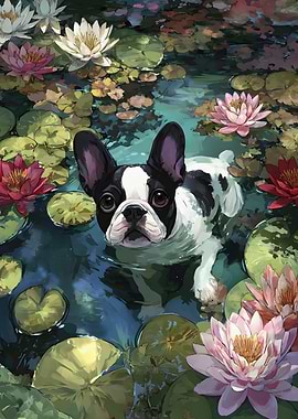 Dog in Lily Pond Painting