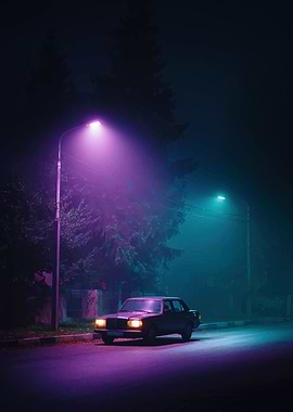 Night Drive: Car Under Streetlights