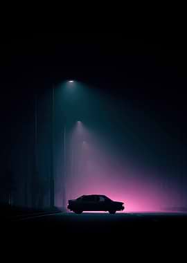 Night Drive: Car in Neon Fog
