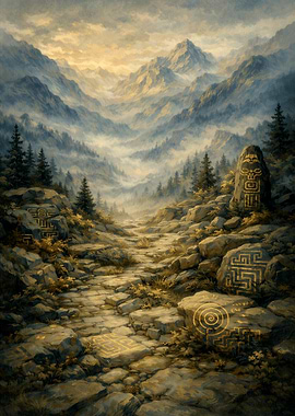 Mystical Mountain Path with Ancient Runes