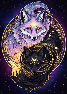 Yin Yang Foxes with Zodiac Frame