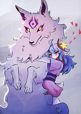 Anime Girl Hugging a Fluffy Wolf