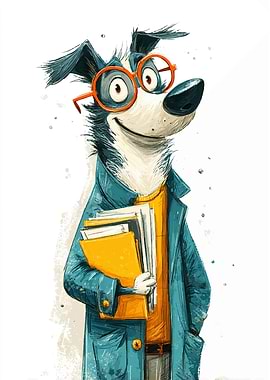Cartoon Dog with Glasses and Papers