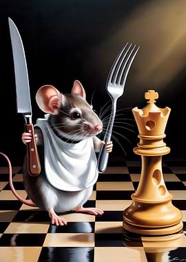 Mouse with cutlery and chess king