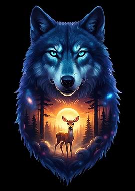 Wolf and Deer Forest Scene