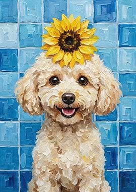 Poodle with Sunflower Hat