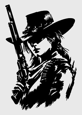 Cowgirl with Rifle Black and White