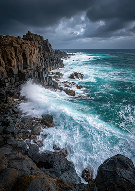 Dramatic Ocean Coastline with Stormy Sky