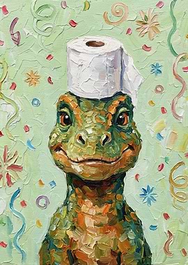 Dinosaur with Toilet Paper Hat Painting