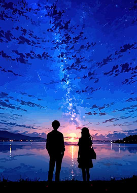Silhouette Couple Stargazing by Lake