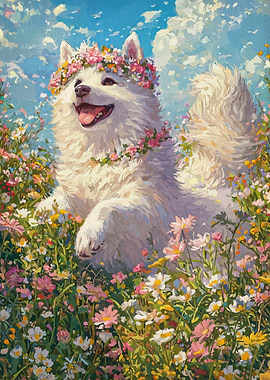 Dog with Flower Crown in Meadow