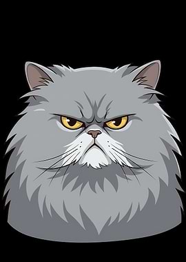Grumpy Gray Cat Cartoon Portrait