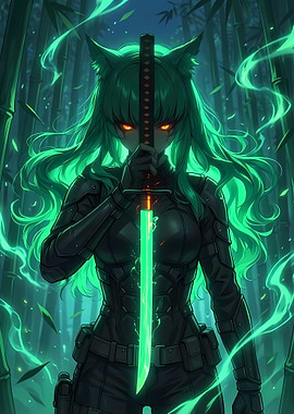 Anime Girl with Katana in Bamboo Forest