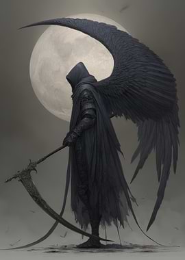 Winged Reaper with Scythe and Moon