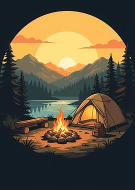 Camping Scene with Tent and Fire