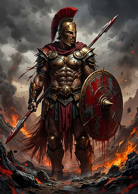 Spartan Warrior in Fiery Landscape