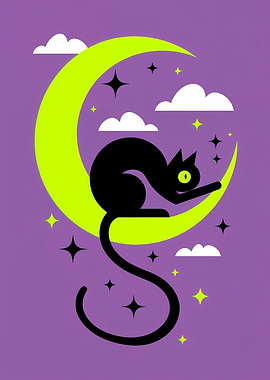 Black Cat on Moon Illustration