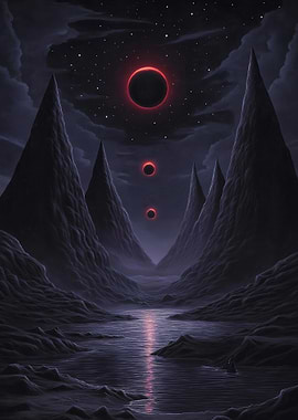 Dark Fantasy Landscape with Red Orbs