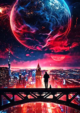 Cityscape with Planets and Silhouette