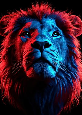 Lion Portrait in Red and Blue