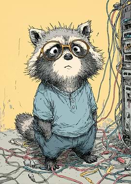 Confused Raccoon with Cables