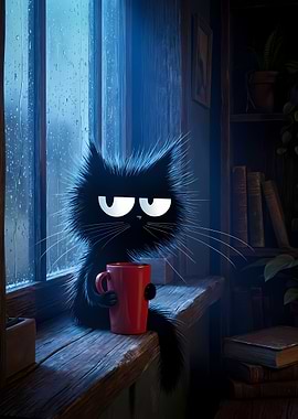 Grumpy Cat with Coffee on Rainy Day