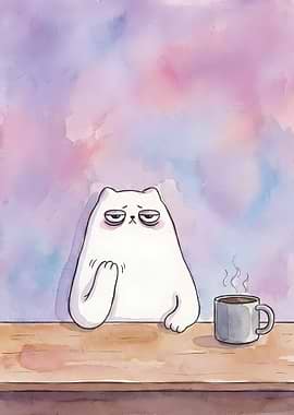 Sleepy Cat with Coffee