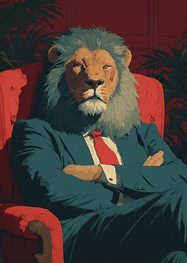 Lion in Suit on Red Chair
