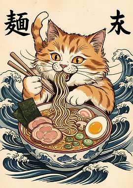 Cat eating ramen with chopsticks art