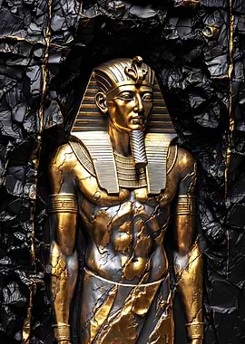Golden Pharaoh Statue Against Dark Background