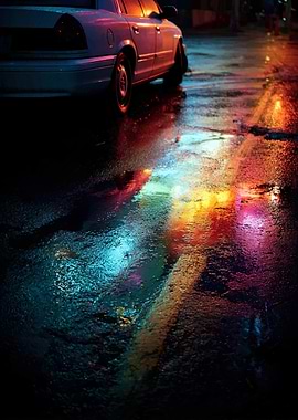 Wet street with car and reflections