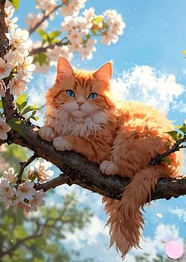 Ginger cat on a blossoming branch