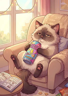 Relaxing Cat with Energy Drink