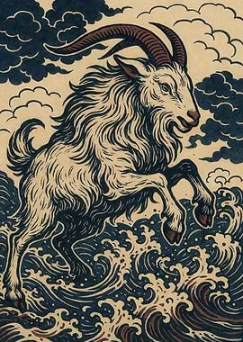 Goat Shio Leaping Over Waves Illustration