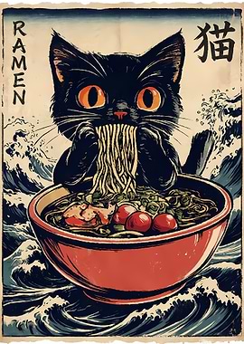 Cat Eating Ramen Ukiyo-e Style Art